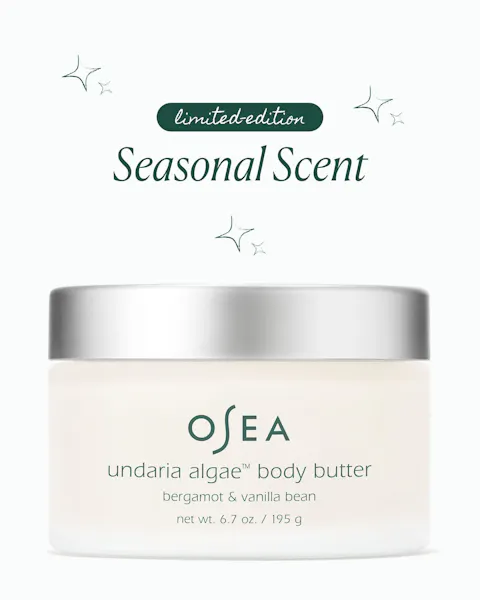 Closed jar of OSEA Undaria Algae Body Butter, Bergamot & Vanilla Bean, 6.7 oz, on a white background with a 'limited-edition Seasonal Scent' badge above it.