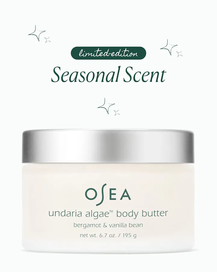 Closed jar of OSEA Undaria Algae Body Butter, Bergamot & Vanilla Bean, 6.7 oz, on a white background with a 'limited-edition Seasonal Scent' badge above it.