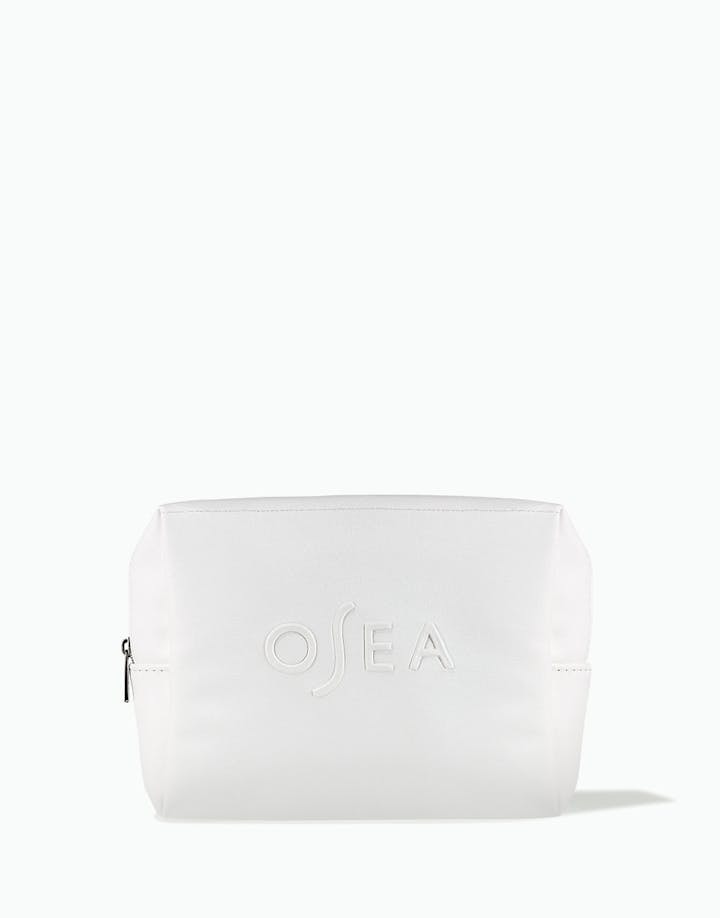 OSEA white zippered cosmetic bag with embossed logo on white background for ecommerce display