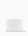 OSEA white zippered cosmetic bag with embossed logo on white background for ecommerce display