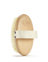 OSEA dry body brush with engraved wooden handle and hand strap on white background