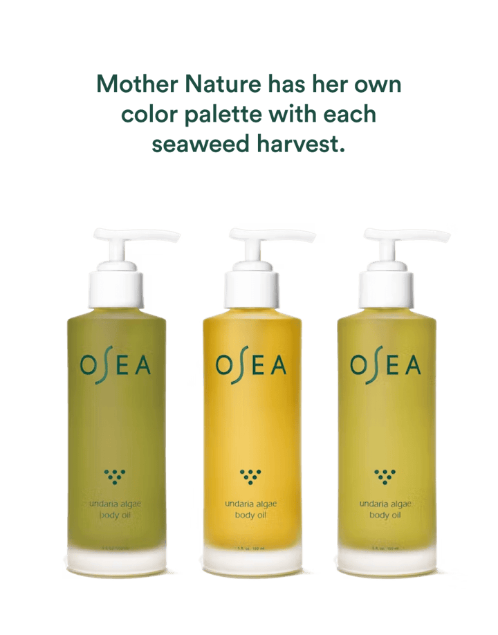 Four OSEA body oils lined up with harvest note caption